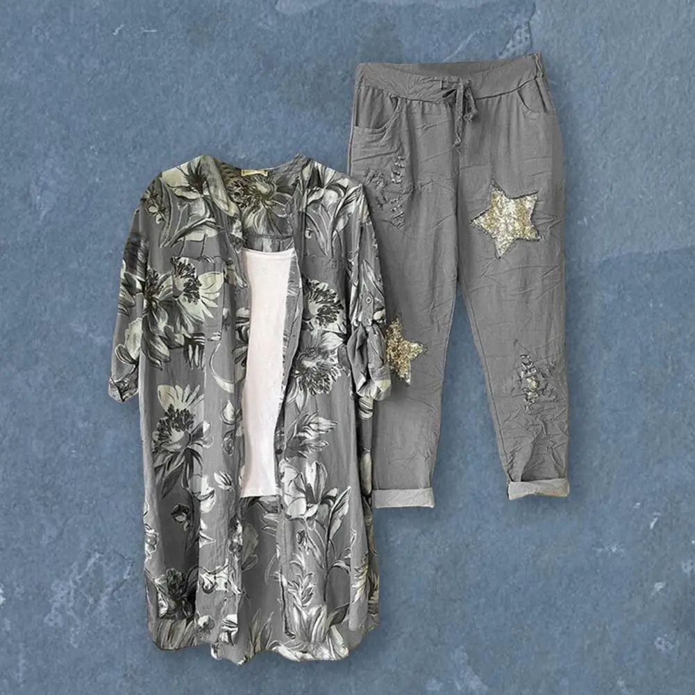 

2 Pcs/Set Autumn Blouse Pants Suit Flower Pattern Women Pants Set Fitness Lightweight Women Shirt Pants Set
