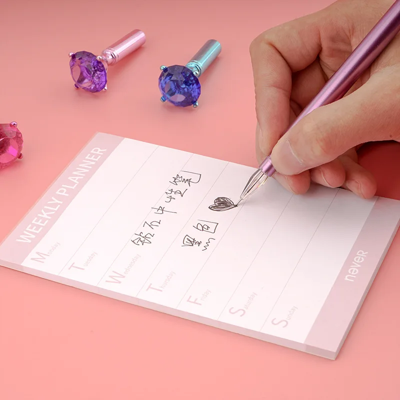 1pc New Color Diamond Head Crystal Pearl Center Pen Wedding Ring Office Plastic Pearl Pen Blue Purple Pink Silver