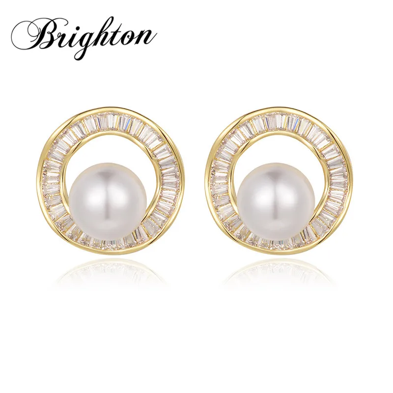 

Brighton Elegant Round Imitation Pearl Stud Earrings For Women Crystal Geometric Metal Trendy Delicate Jewelry Gift High Quality
