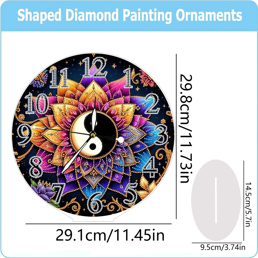 Yin Yang Lotus 2D Flat Acrylic DIY Diamond Painting Clock Kit Diamond Art Clock