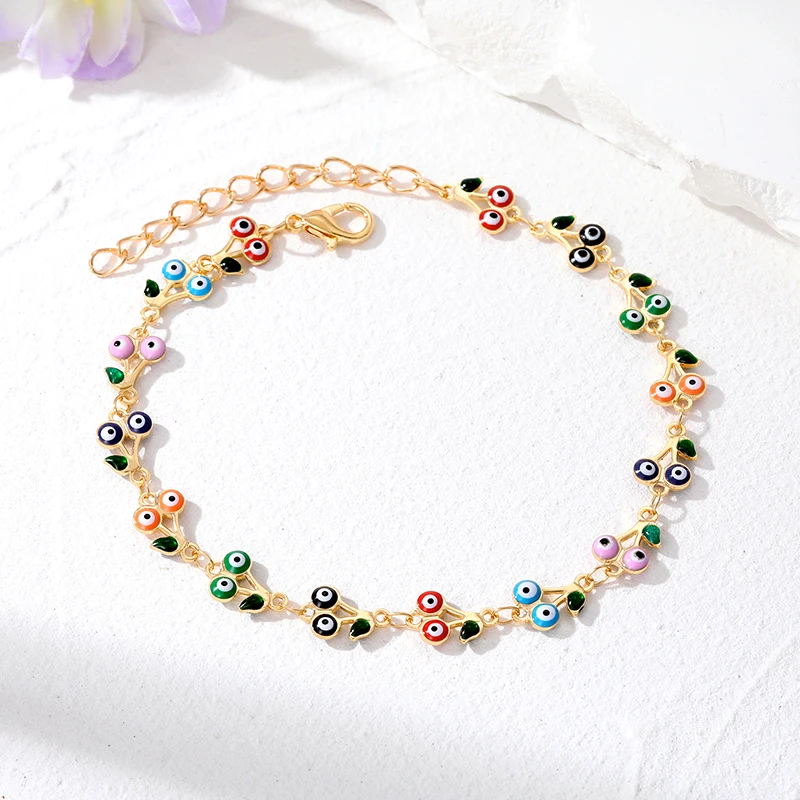Beaded Bracelet Turkish Evil Eye Hamsa Hand Flower Beads Bracelet Women Boho Lucky Blue Eye Fatima Hand Adjustable Anklet Chain Wedding Jewelry