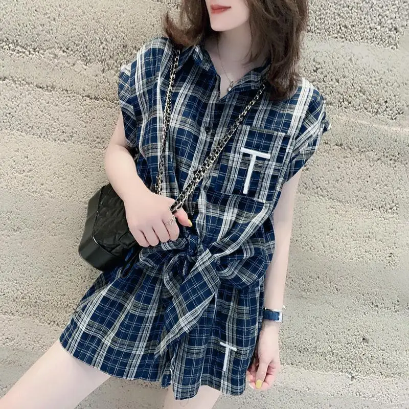 Casual Plaid Stylish Embroidery Single-breasted Matching Sets Summer Pockets Women's Clothing Korean Bandage Lapel Short Sets