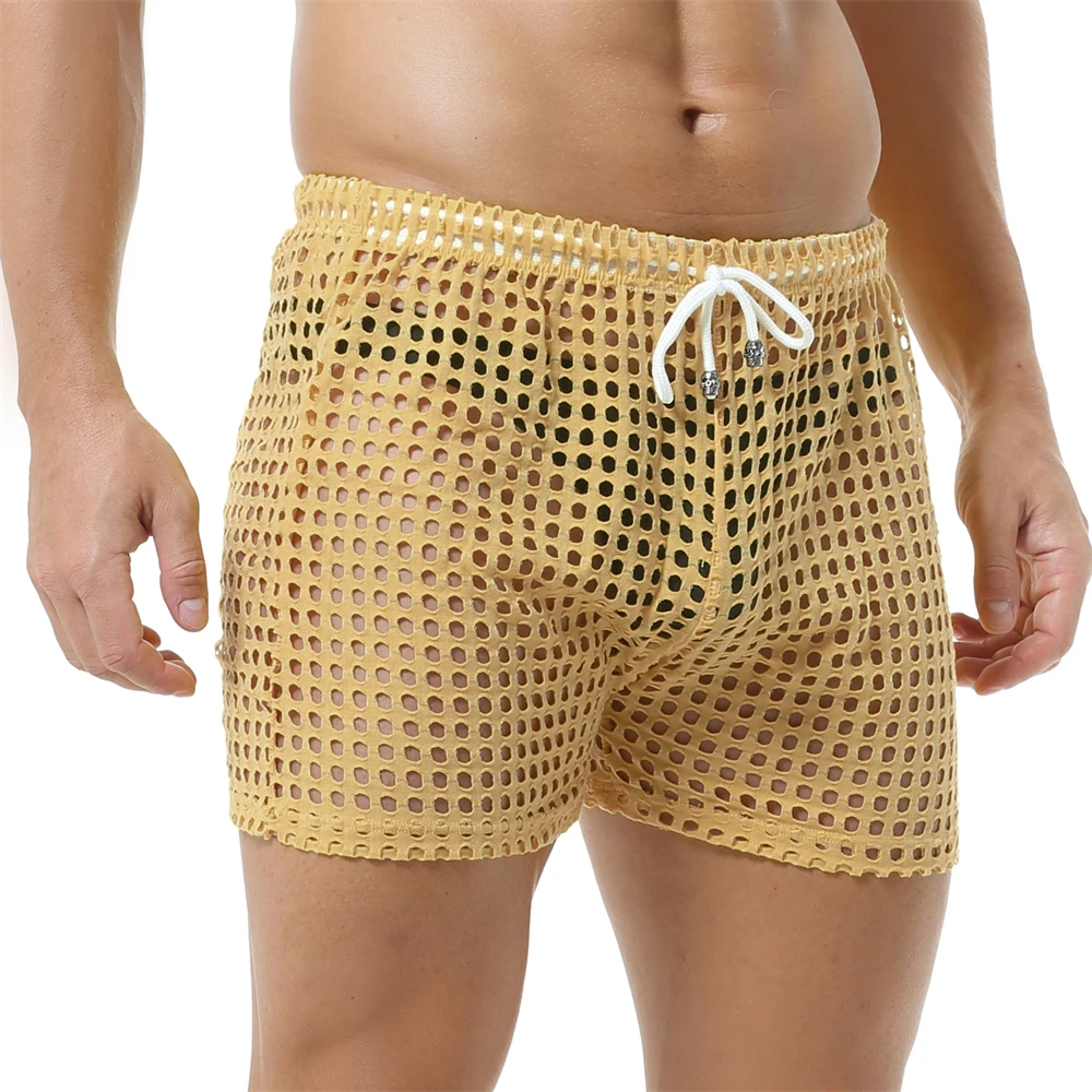 Breathable Mens Sexy Mesh Fishnet Causal Shorts Loose Men Hollow Out Beach Bikini Swim Trunks Drawstring Sport Gym Lounge Shorts 3