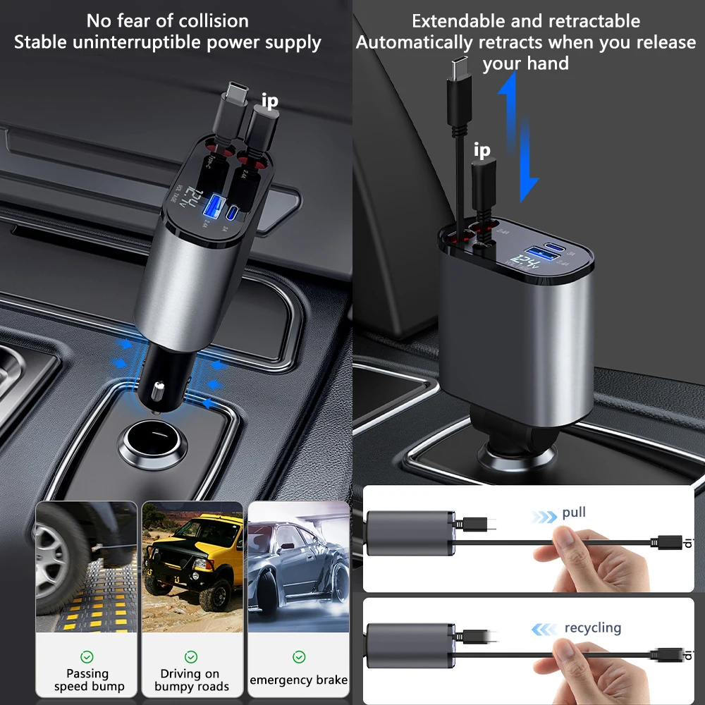 Car Charger 100W Scalable 4-in-1 USB C-Cable For IPhone Huawei Samsung