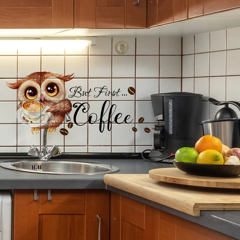 Cartoon Owl Coffee Cup Wall Stickers For Kitchen Restaurant Decoration Mural Cafe Pattern Room Home Decor Self-adhesive Wallpaper
