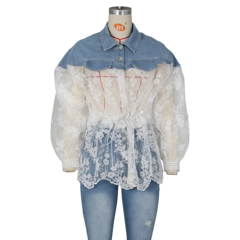 

2023 New Summer Cutout Short Denim Jacket Women Loose Lace Splice Thin Sun Protection Clothes Ladies Femme Jacket Tide