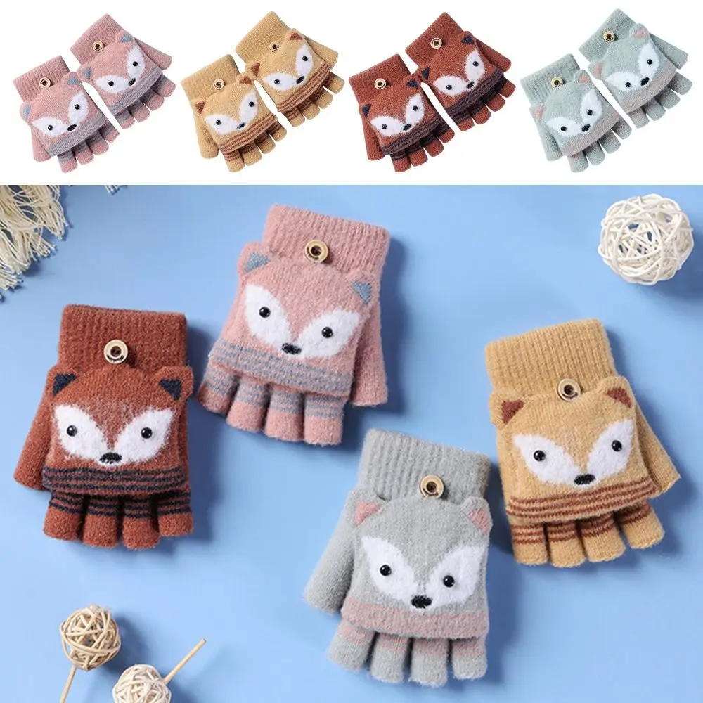 

2023 Fashion Autumn Winter Children Knitted Gloves Flip Fingerless Gloves Cute Cartoon Fox Warm Half-Finger Gloves