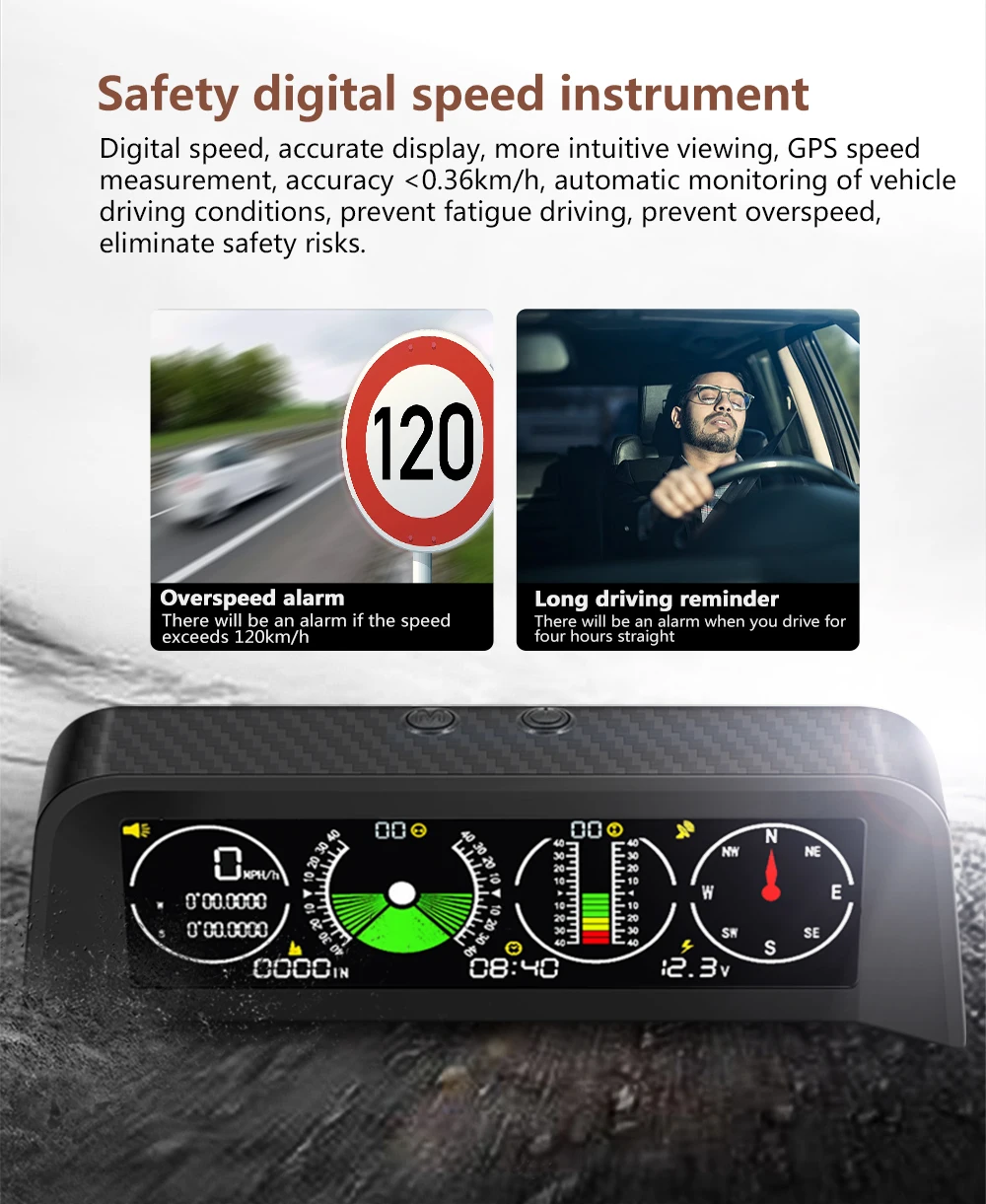 M X90 Slope Meter Inclinometer Car Altitude GPS Speedometer HUD Pitch Tilt Angle Protractor Clock Latitude Longitude Campass