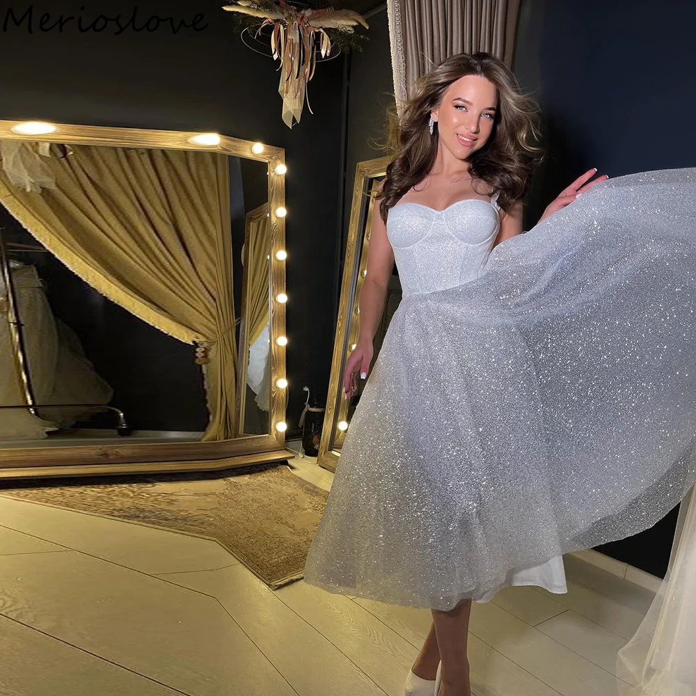 

Merioslove Glitter Short Wedding Dresses Sleeveless Sweetheart A-Line Shiny Bridal Gowns Sparkly Bride Dress свадебное платье