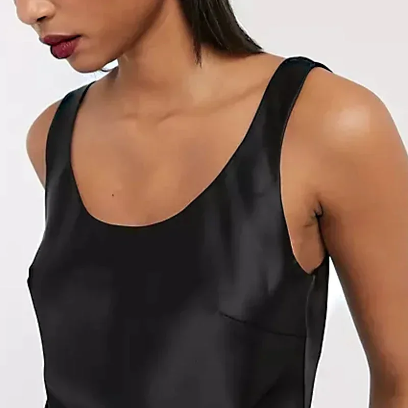 Satin Tops Women 2025 Summer O-Neck Sleeveless Basic Shirts Black