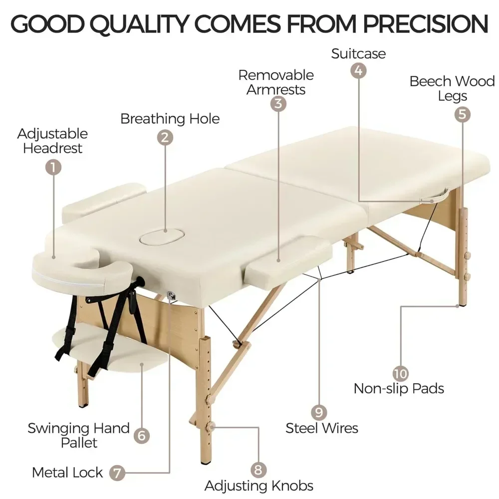 Portable Foldable Massage Table with Adjustable Lashes, Cream, 28 Inch, Non-Woven Bag Included