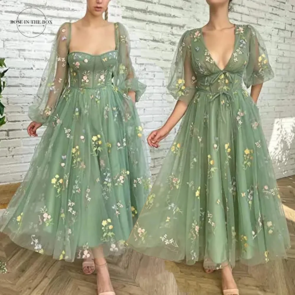 

Robe De Soiré 2024 Women's Sage Puffy Sleeve Prom Dresses Elegant Flower Embroidery Tulle Formal Wedding Evening Party Gowns