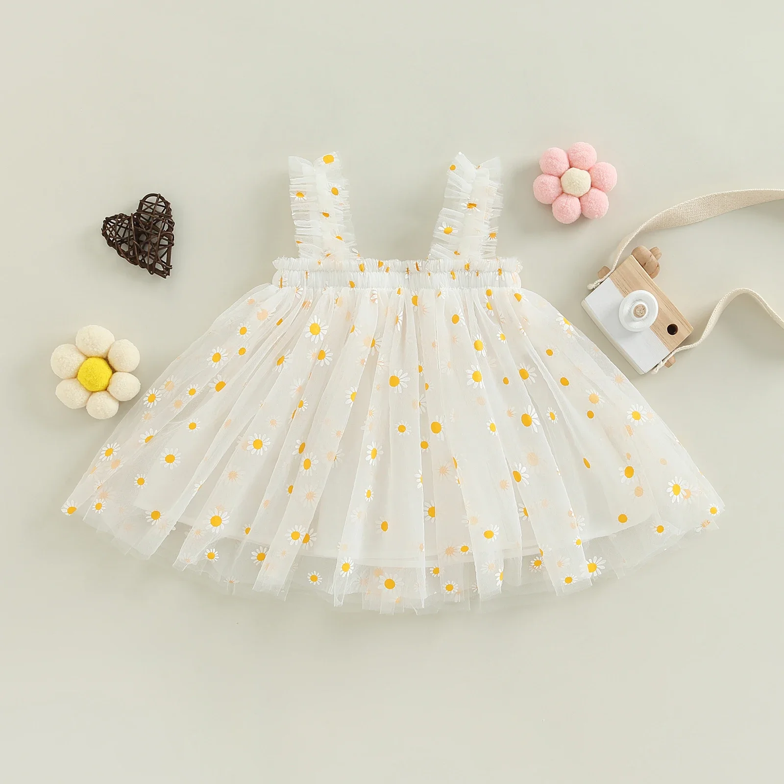 Tregren Toddler Girls Summer Sling Dress Sleeveless Daisy Print A-line Tulle Princess A-Line Dress Kids Birthday Party