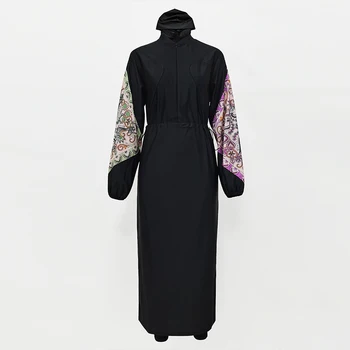 2022 New Design Burkini Swimsuit For Muslim Women Lantern Sleeve Long Robe Paisley Print Drawstring