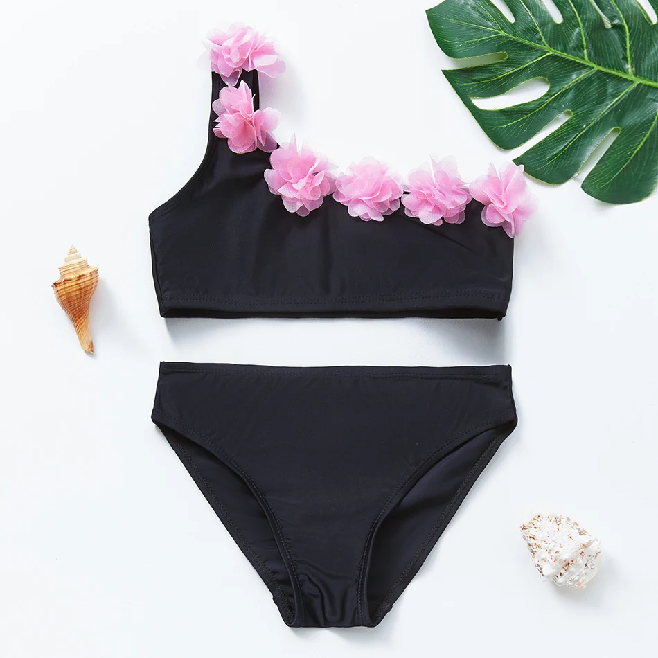 Girls Swimsuit Black Tassel Tankini Summer Beachwear Two-pieces Bikini for Children