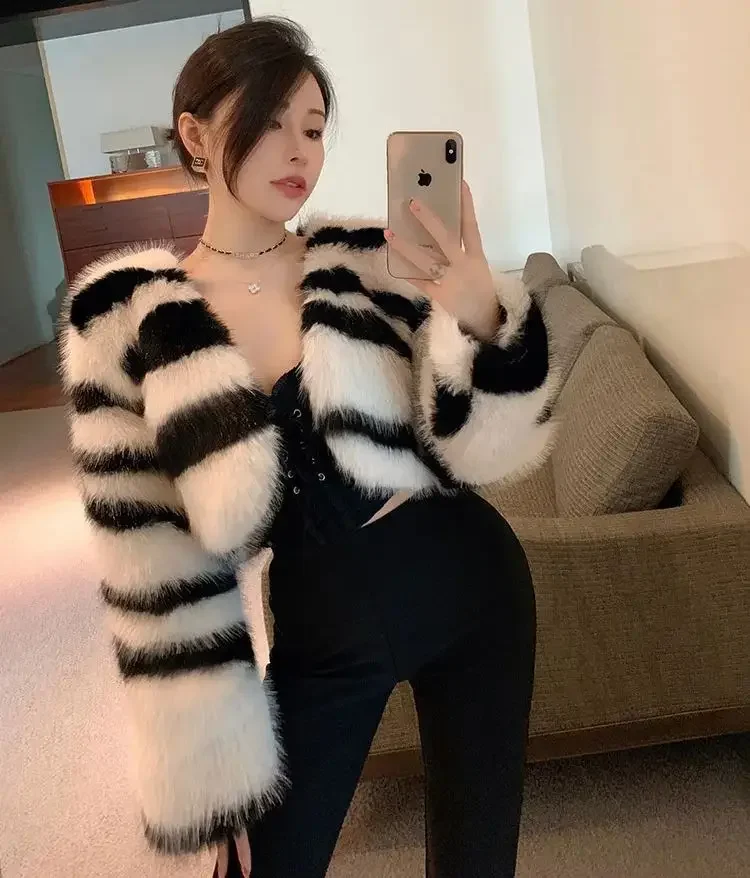 FANIECES Fluffy Faux Fur Women Short Coat Cardigan Tops Y2K Zebra Striped Print Fake Fur Crop Jackets Fashion Winter Streetwear