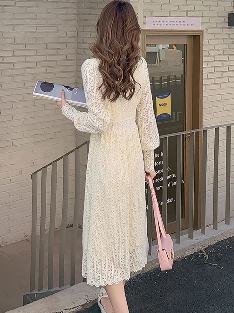 Female Black Lace Hook Flower Hollow Midi Dress Autumn Long Sleeve