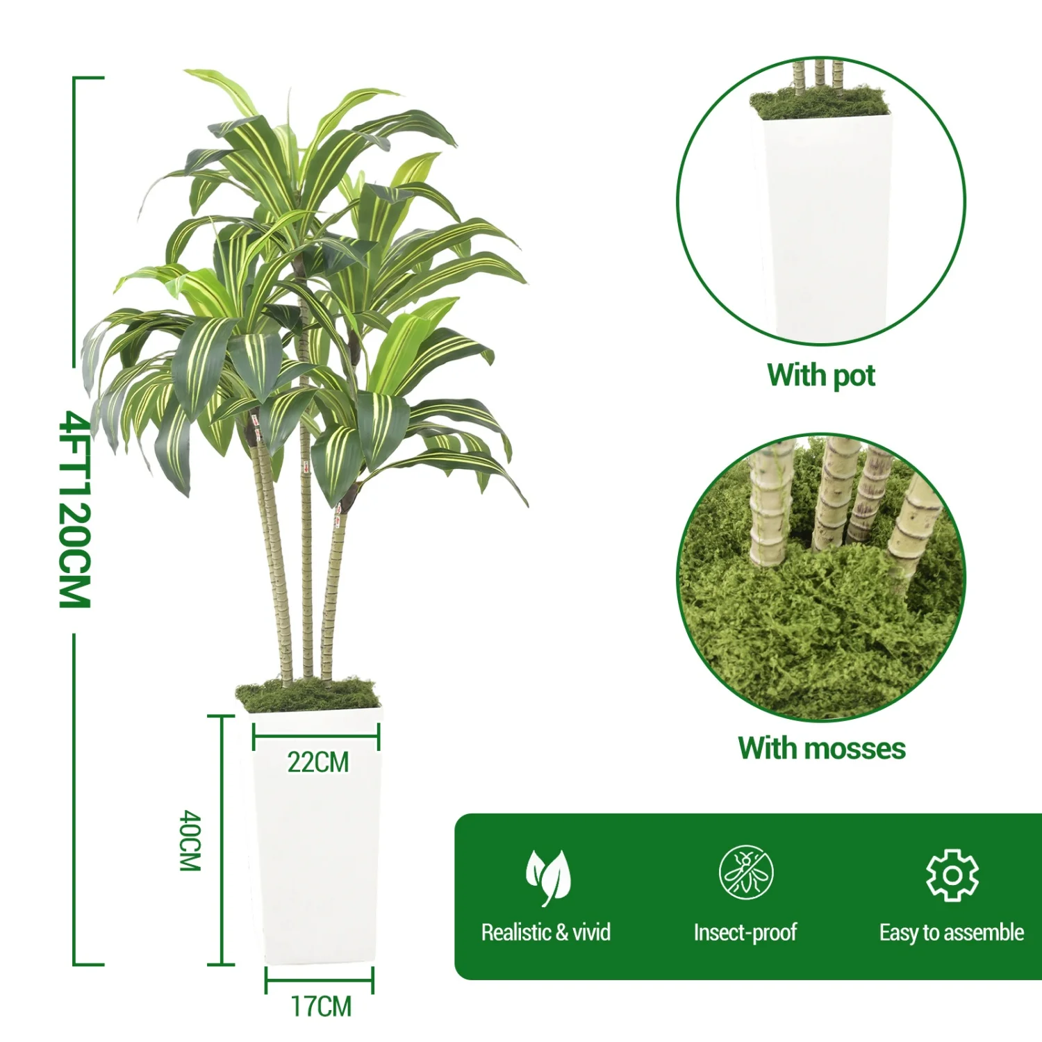 Künstlicher Dracaena-Baum, künstlicher Drachenbaum mit weißem hohem Pflanzgefäß, künstliche Pflanzen für den Innenbereich, künstlicher Baum für die Heim- und Bürodekoration – Detail 2