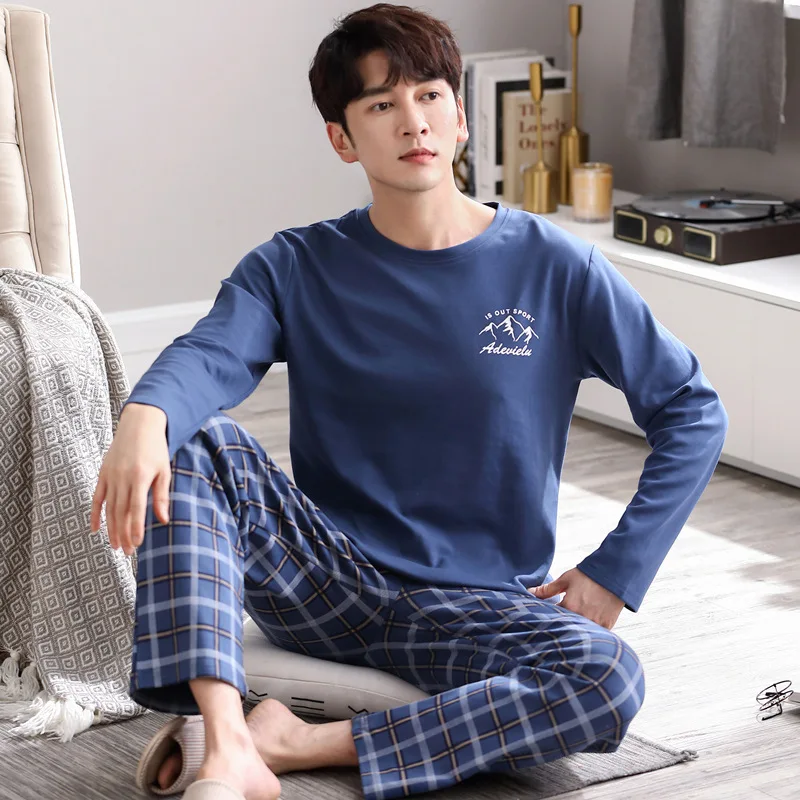 L-4XL Man Pajama Set Spring Autumn New Cotton Long Sleeve Sleepwear for Man Big Size Pullover Homewear Minimalist Boy Loungewear