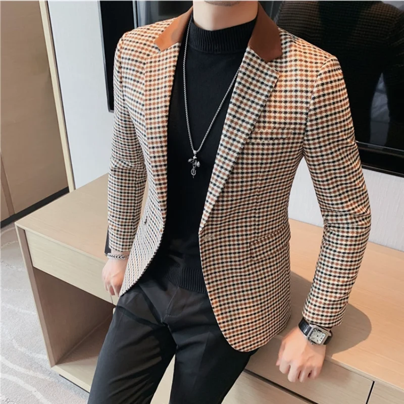 Autumn Winter Korean Houndstooth Blazer Jackets Fashion Color Matching Lapel Design Casual Men Plaid Suit Coat Tuxedo Men Suits Jackets