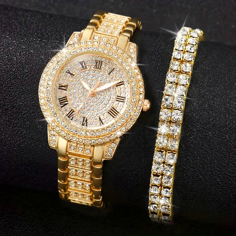 Luxury fashion alloy full diamond Roman quartz watch with double row diamond bracelet gift set 2