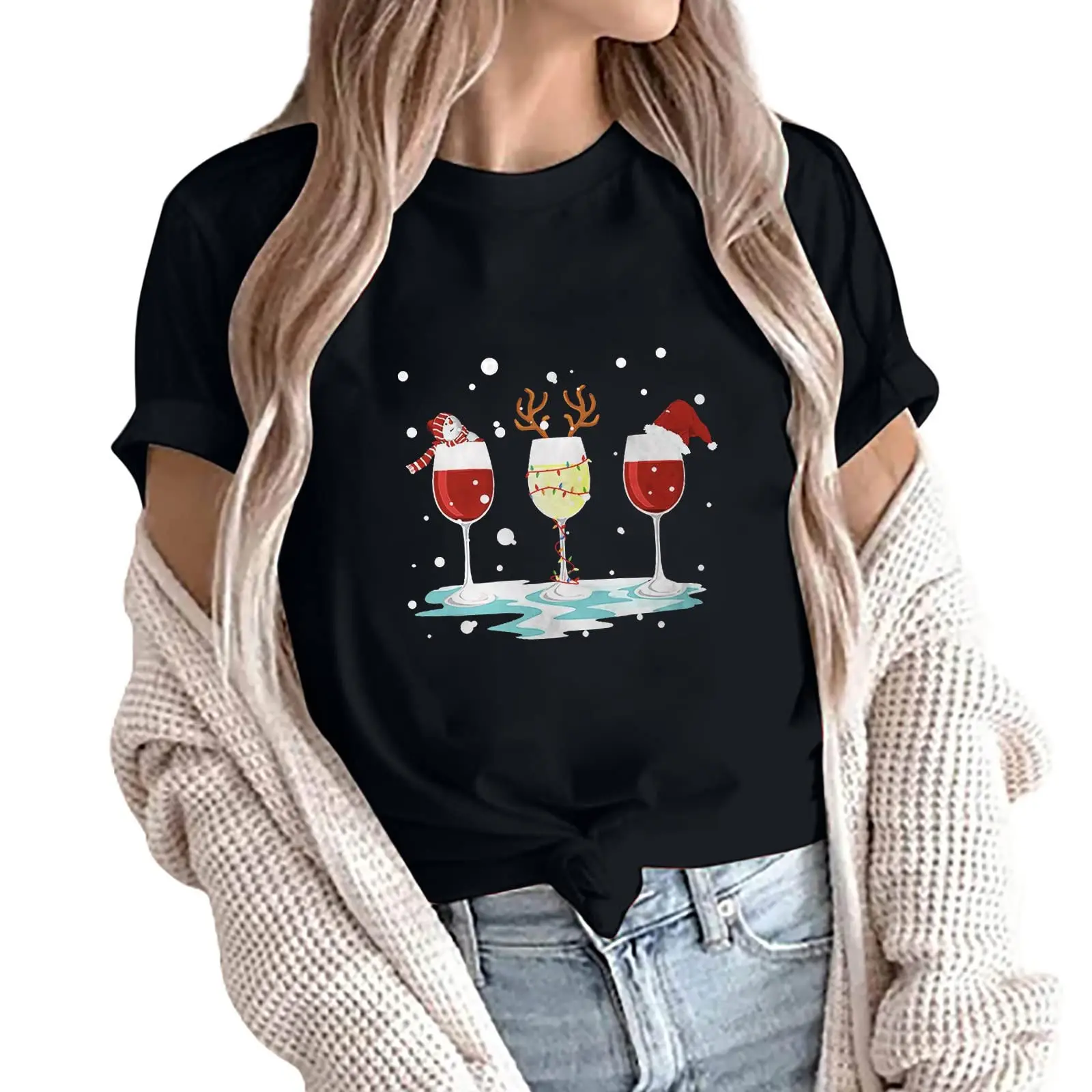 

Holiday Women's T Shirt Christmas T Shirt Wine Glass 3D PrintT Shirt Summer Fashion T Shirt Top Elegant And Beautiful Clothing