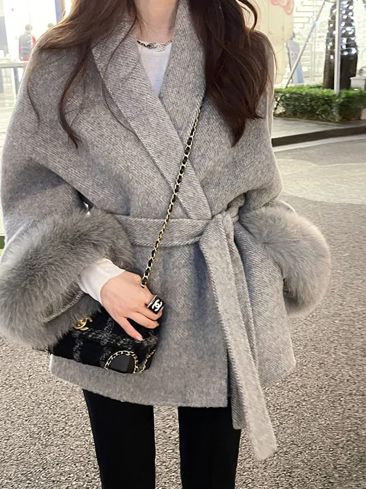 

NICEWOMEN High End Double-sided Wool Strapping Coat Women Removable Cuffs Fox Fur Temperament Double-sided Cashmere Short Jacket