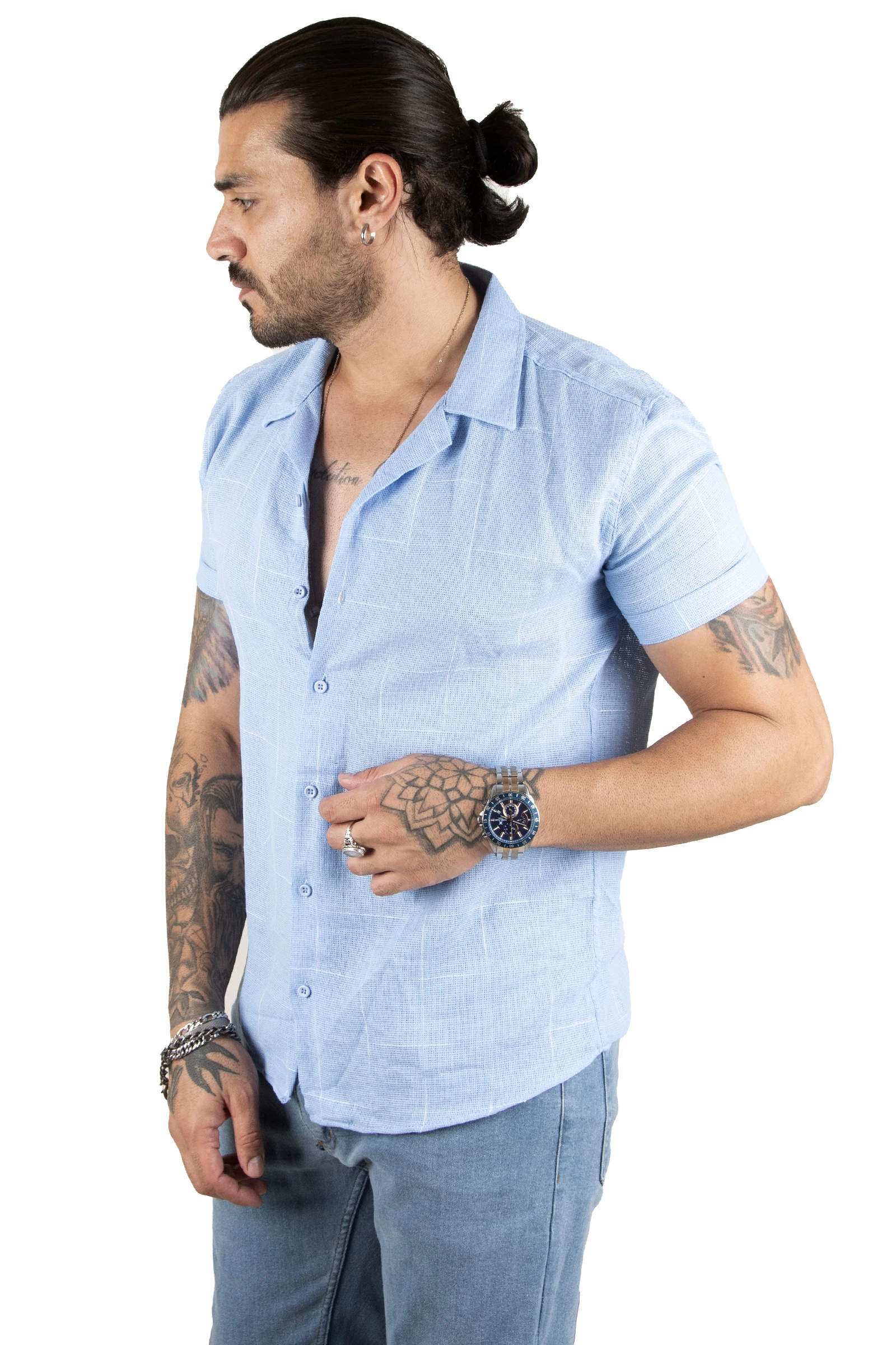 DeepSEA Square Pattern Tight Fit Short Sleeve Linen Men Shirt 2201928