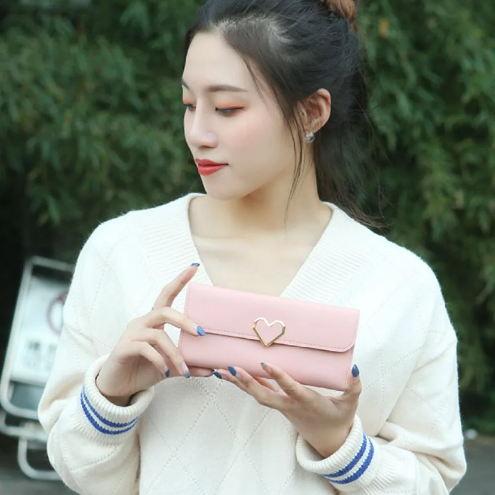 New Plain Heart-shaped Wallet Ladies Long Multi-card Buckle Mobile Phone Women's Wallet Women's Long Wallet