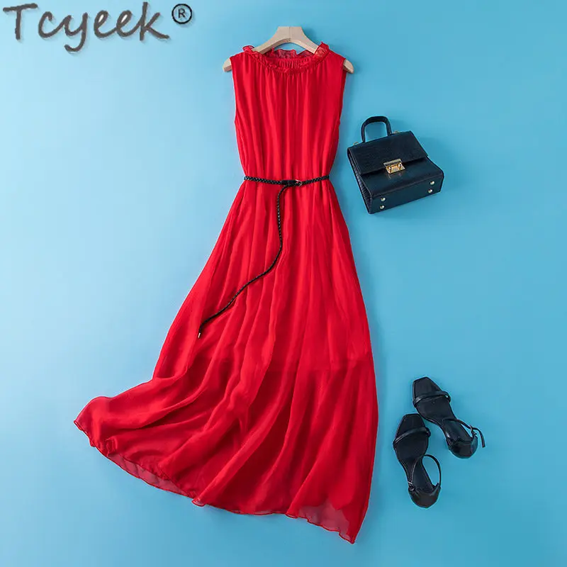 

Tcyeek 100% Mulberry Silk Dress Women 2023summer Midi Dresses Sleeveless Real Silk Dress for Woman Clothes Korean Style Vestidos