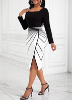 Plus Size Women's Elegant Dress Geometric Pattern Color Contrast Printed Long-Sleeve Bag Buttock Slit Elastic Dress - Image 2