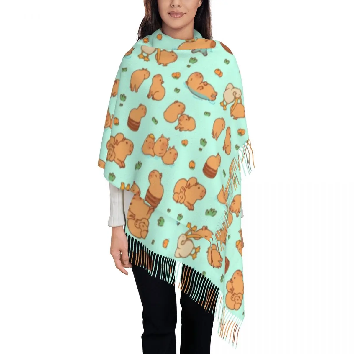 

Female Large Cute Capybara Art Scarves Women Winter Soft Warm Tassel Shawl Wrap Seamless Pattern Pet Scarf