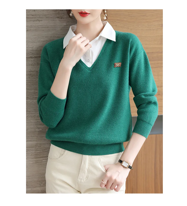 Gefälschte zweiteilige gestrickte Top Damen Frühling Herbst neue Mode Winter Bottom Sweater Langarm Pullover Damen Strick hemd – Detail 6