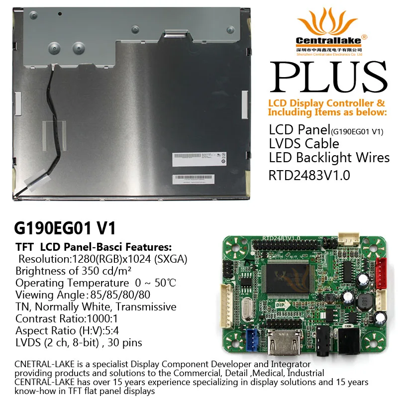 

Hot Sale for 19″LCD Industrial Display Screen Includes Controller Board RTD2483V1.0 Plus 19 Inch Panel G190EG01 V1