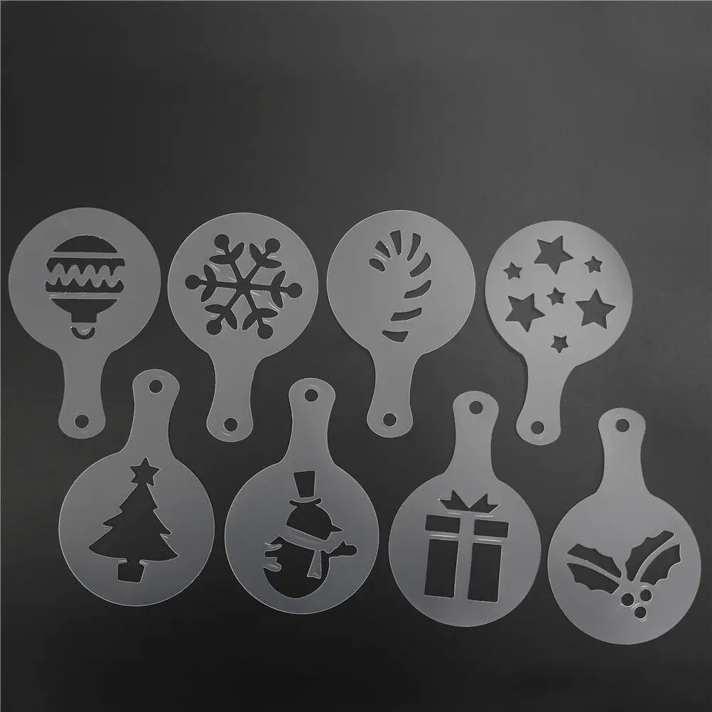 8Pcs Cake Duster Templates Coffee Tools Valentine's Day Christmas Cookie Stencil Coffee Latte Cappuccino Barista Art Stencils