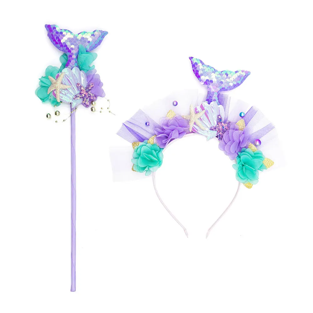 Girl Fancy Little Mermaid Photography Props Mermaid Tail Headband Magic Wand Princess Ariel Cosplay Accessory Necklace Bag Crwon Cosplay Accessories Hair Headband Accessories Hair Accessories
