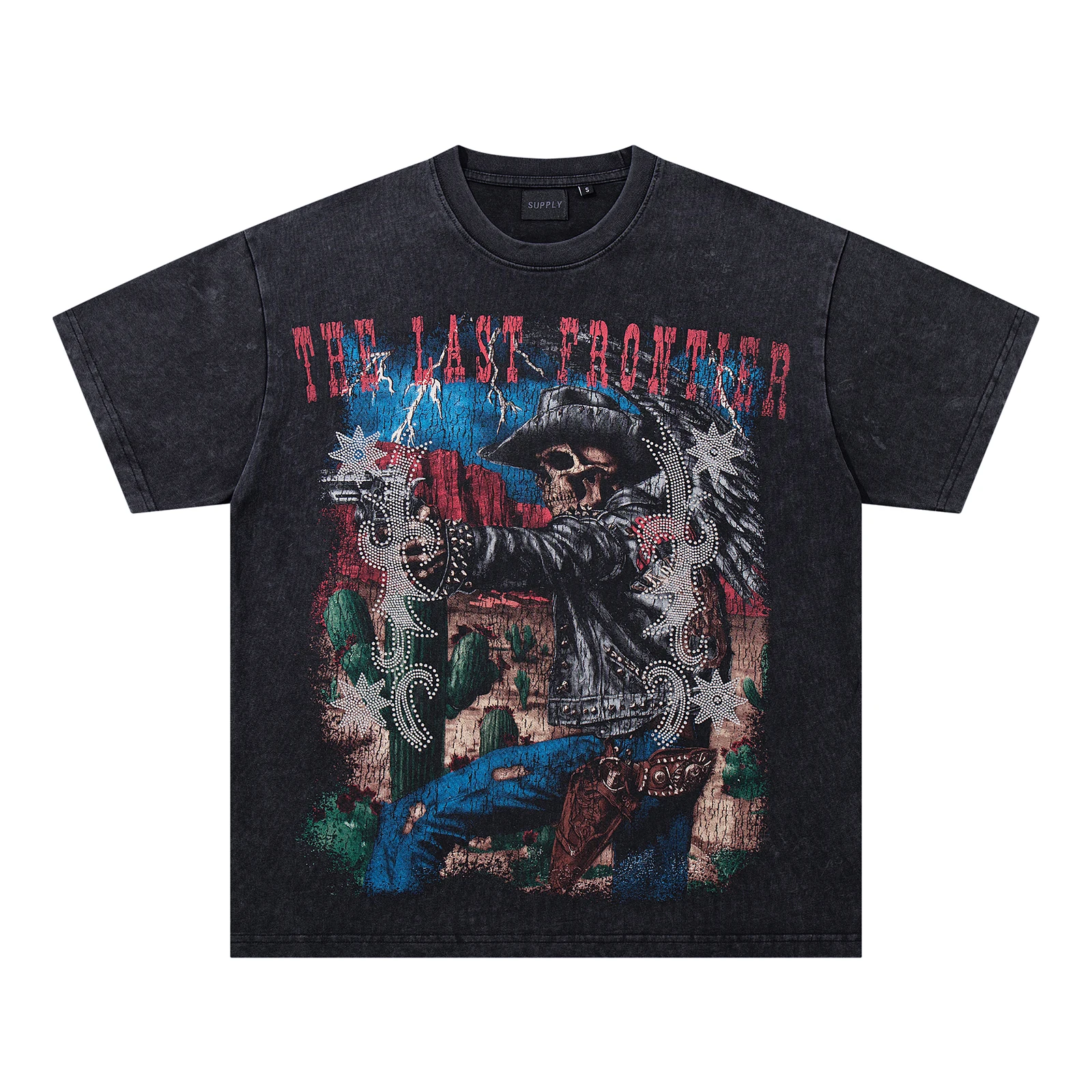 Schwarzes Western Cowboy Pferde-Grafik T-Shirt für Herren Vintage Distressed Acid Wash Strass T-Shirts Lässige Sommer-Oberteile