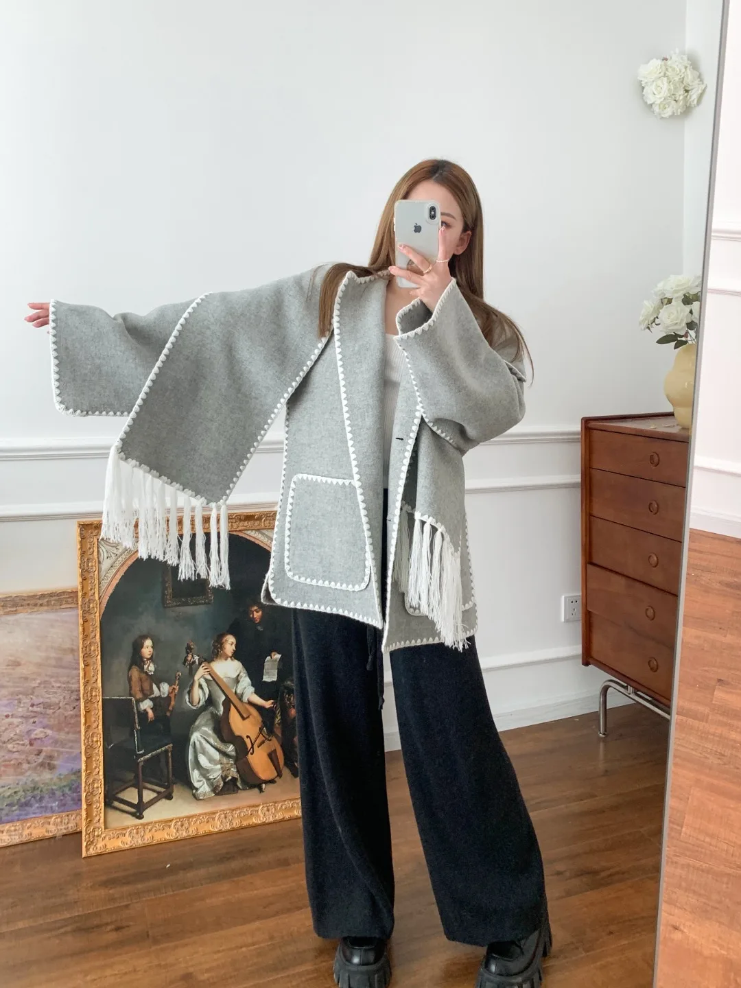 Scfe07ddf4c1847b3b43c149adb7b5da58 Women Fringe Scarf Collar Coat Double-sided Woollen Single Breasted Autumn Winter, Loose Embroidery Trim Female Casual Jacket Mallzona