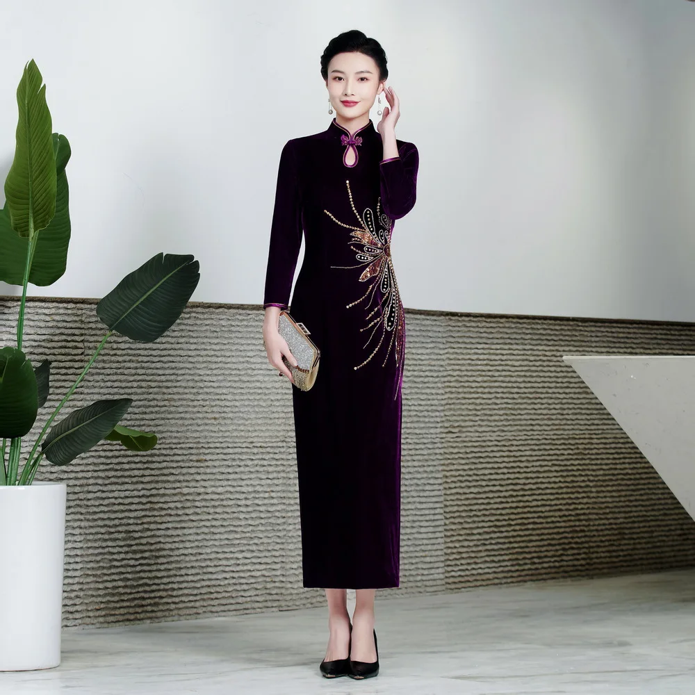 

Классическое традиционное китайское платье-Ципао с воротником-стойкой, длинное велюровое женское платье-Ципао, изысканное платье с блестками и бусинами, 6XL