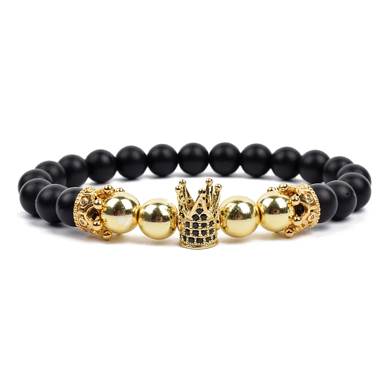 Fashion Micro CZ King Queen Crown Charm Bracelets Matte Black Onyx Beads Bracelet Hematite Trendy Zirconia Accessories Jewelry