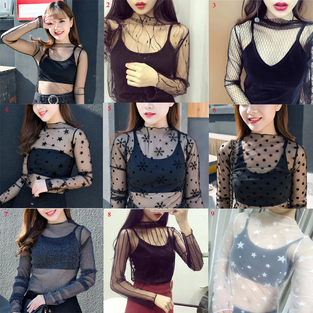 

Mesh Tops Sheer shirts and blouses Lace Top Blouse Print Transparent Shirt Long Sleeve Tee Sexy T Shirts Fashion Women Clothing