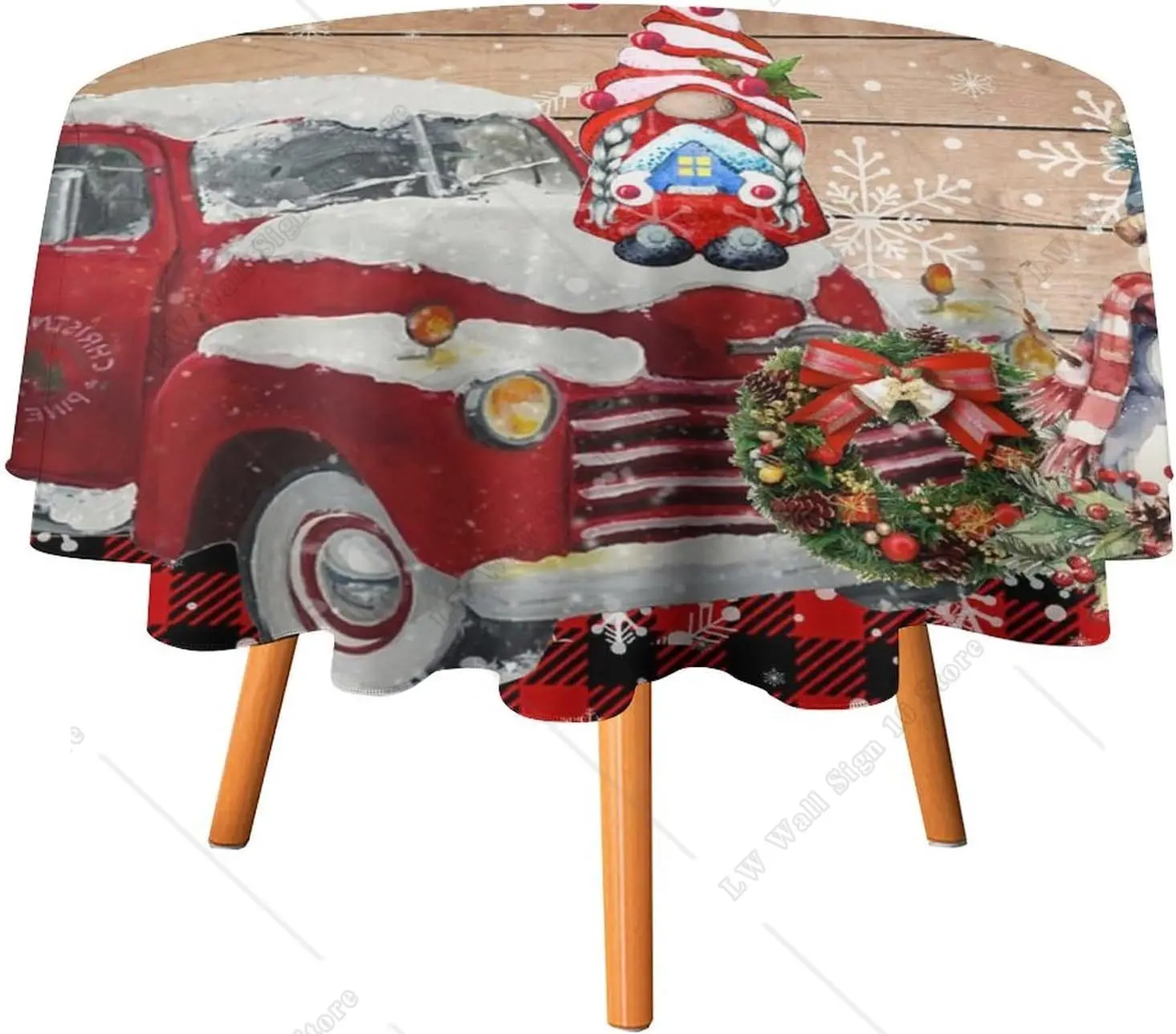 

Merry Christmas Gnomes Round Tablecloths 60 Inch Xmas Tree Red Truck Snowflake Plaid Snowman Table Cloth for Dinning Decoration