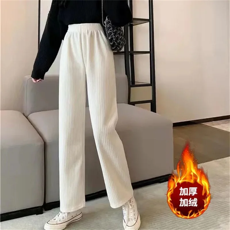 

Warm Winter Velveteen Lined Wide Leg Pants Solid Women 2023 Snow Wear Pantalone Korean Casual Baggy Plush Thickenspodnie New