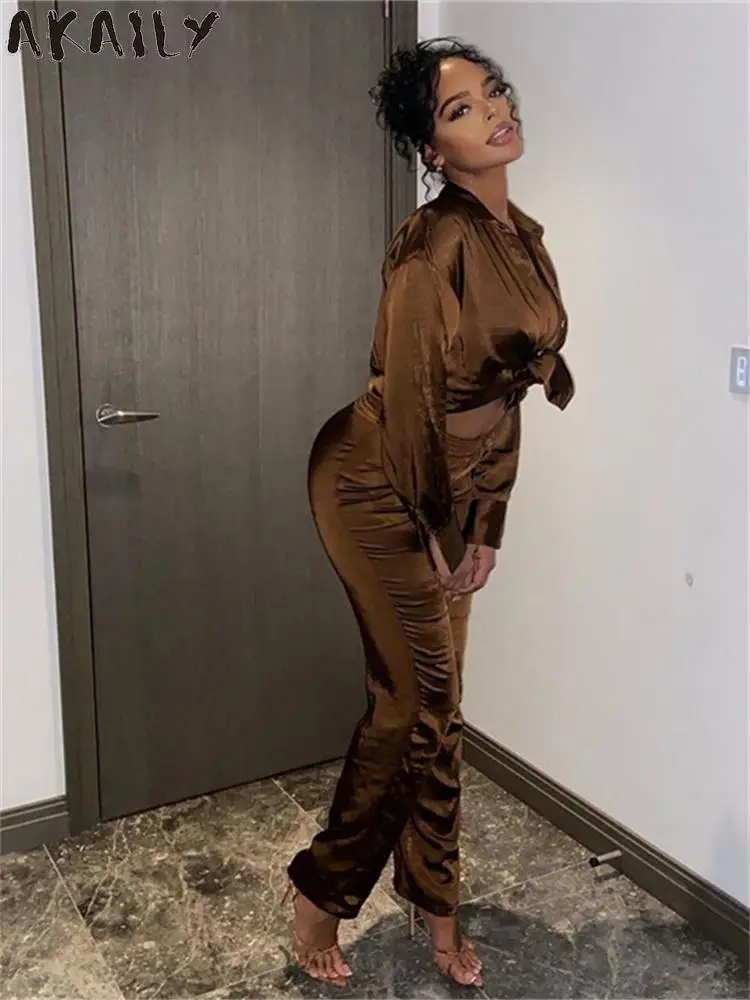 

Akaily, коричневый бандажный комплект из двух предметов, спортивный костюм, женские повседневные подходящие комплекты 2023, зеленая блузка с длинным рукавом и брюки, женские комплекты