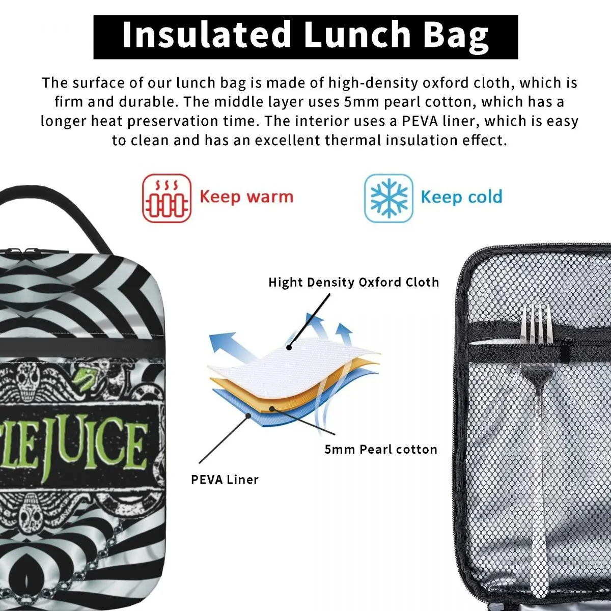 Custom Horror Movie Beetlejuice Lunch Bag Men Women Cooler Thermal Insulated Lunch Box for Kids School