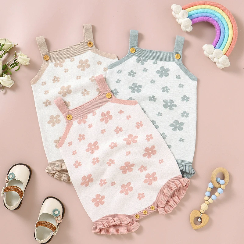 

New Baby Bodysuit Solid Knit Newborn Girls Playsuit Flower Fashion Ruffles Toddler Infant Clothing Sleeveless One Piece Jumpsuit