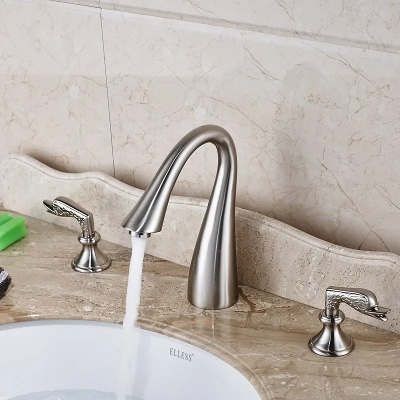 

Vidric Goose Neck Bathroom Brushed Basin Sink Faucet Dual Handles Widespread Washbasin Mixer Taps