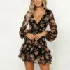 Dresses Woman Party Night Long Sleeves Bohemian Print Sheer Mesh Dress Low Cut V Neck Lace Up Hem Short Dresses летнее платье 1