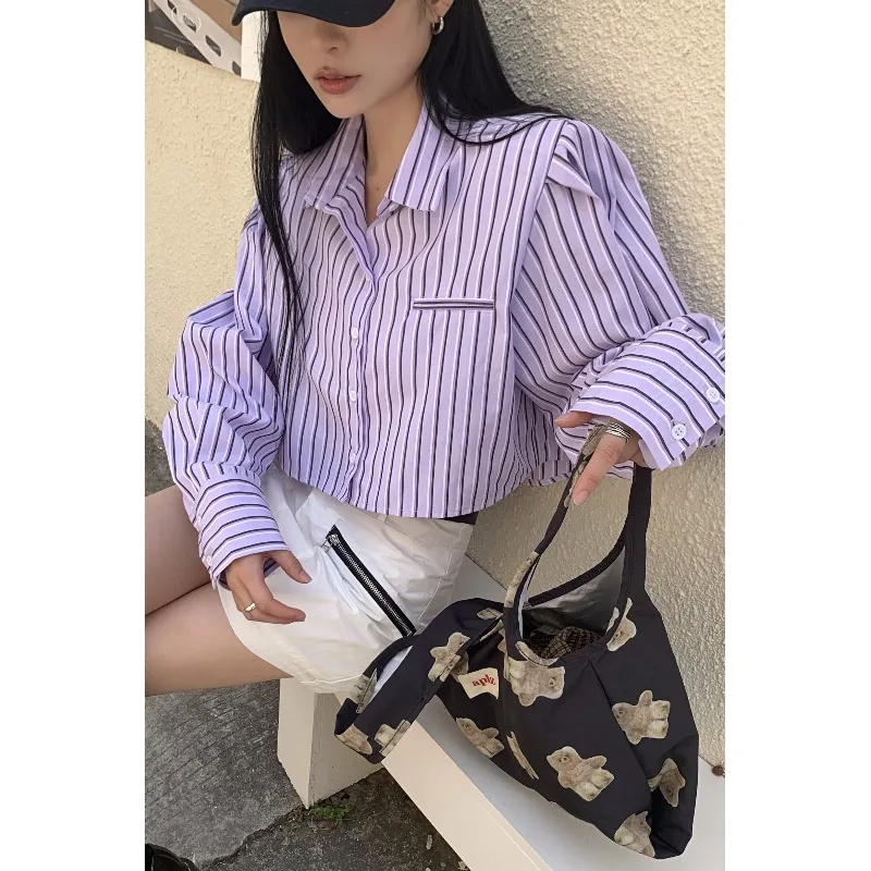 

ZHISILAO Purple Stripe Blouse Women Casual Loose Short Long Sleeve Shirt Summer 2023 Tops