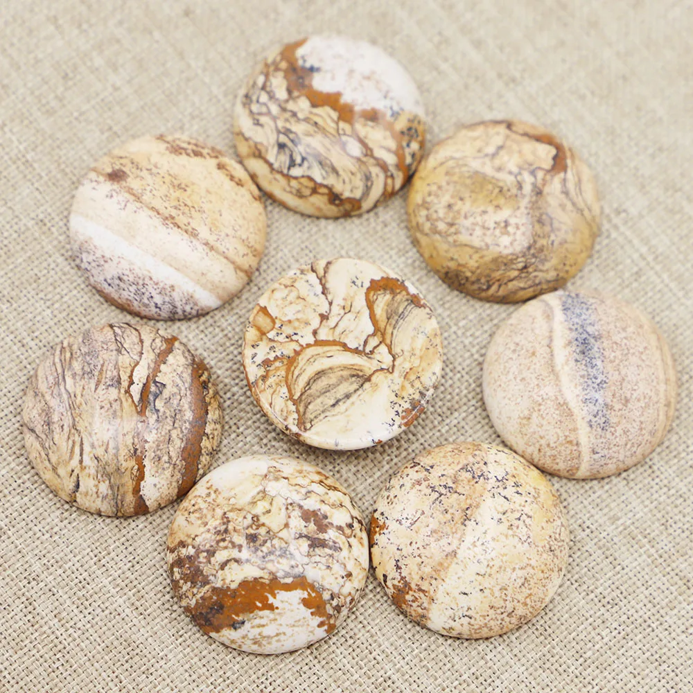 Natural Picture Stone Flat Round Ring Face Cabochon Gemstone Inset Jewelry Accessories Earring Necklace Making Wholesale 8Pc/Lot